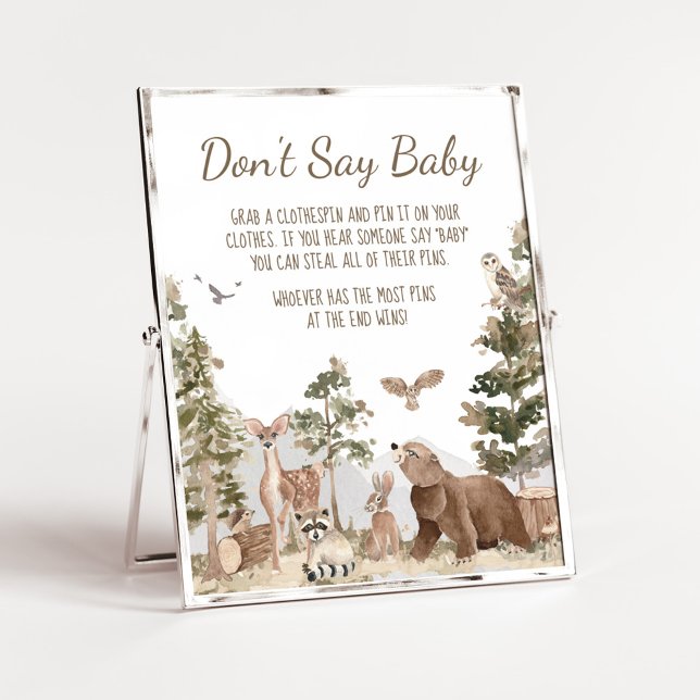 Poster L'aventure attend les animaux des bois Ne pas dire (Woodland Animals Adventure Awaits Baby Shower Don't Say Baby Sign)