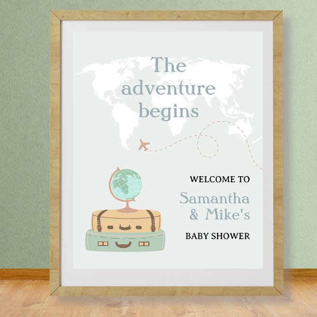 Poster L'aventure commence World Map Baby shower Bienvenu (Adventure Begins World Map Baby Shower Welcome Poster)