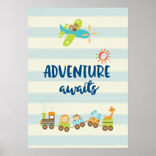 Poster L'aventure du train et de l'avion jouet animalier