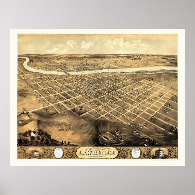 Poster Lawrence, KS Carte panoramique - 1869 (Devant)
