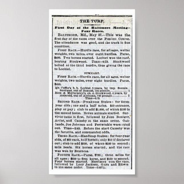 Poster Le 1er preakness - New York Times 28 mai 1873 (Devant)