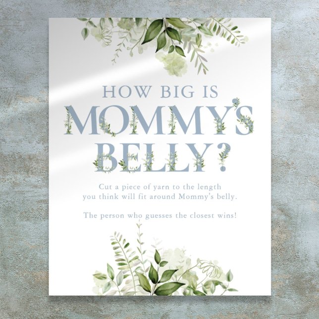 Poster Le Baby shower bleu ventre de maman (How Big Is Mommy's Belly Blue Baby Shower Poster)