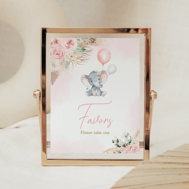 Poster Le Baby shower d'éléphant rose de ballon favorise (Pink Floral Pampas Grass Elephant Baby Shower Favors Sign)