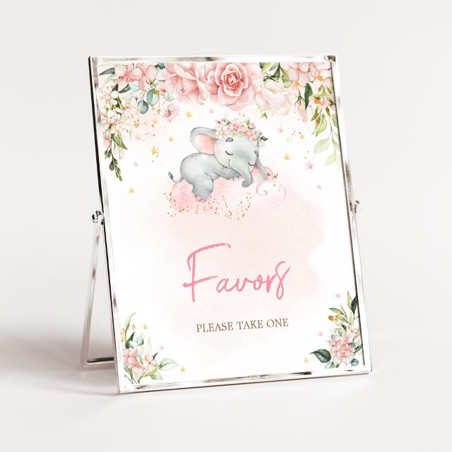 Poster Le Baby shower d'éléphant rose floral favorise (Pink Floral Sleeping Elephant Baby Shower Favors Sign)