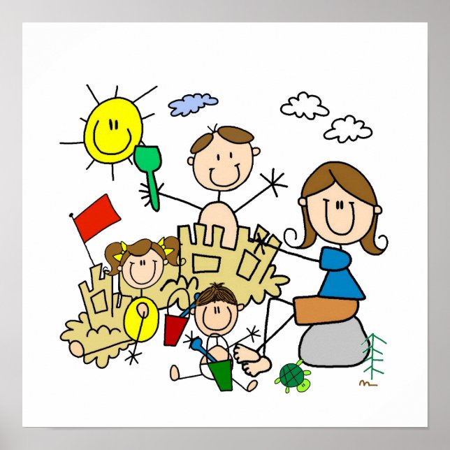 Poster Le bâton figure l'amusement de plage de famille (Devant)