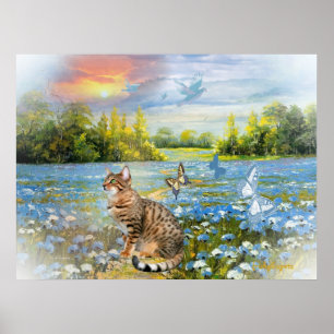 Poster Le Bengale dans le lit de la copie bleue de fleurs