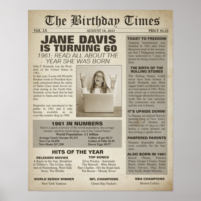 Poster Le Birthday Times 1961 Signé pour un 60e anniversa (Devant)