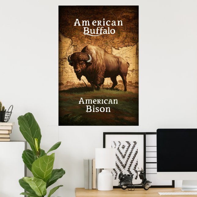 Poster Le bison américain sur une carte (Bureau à domicile)