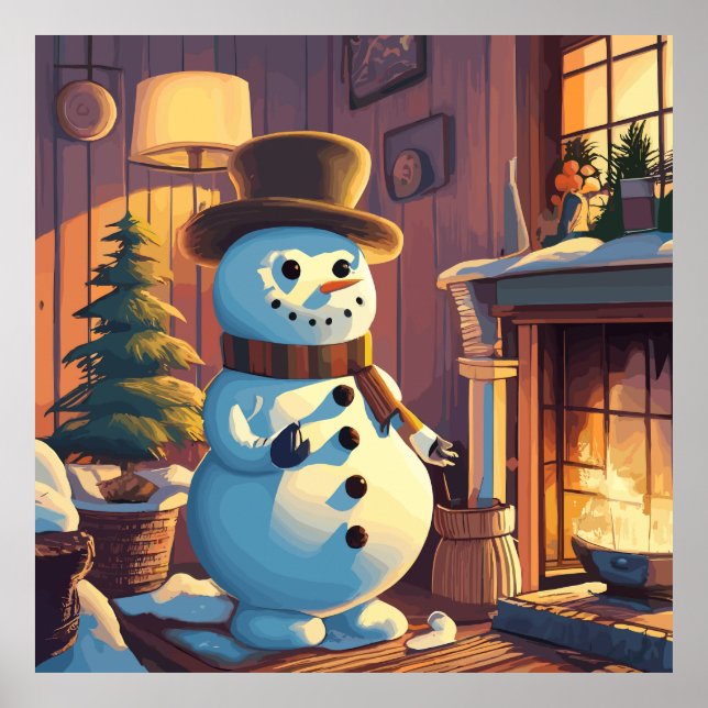 Poster Le bonhomme de neige près du sapin de Noël (Devant)
