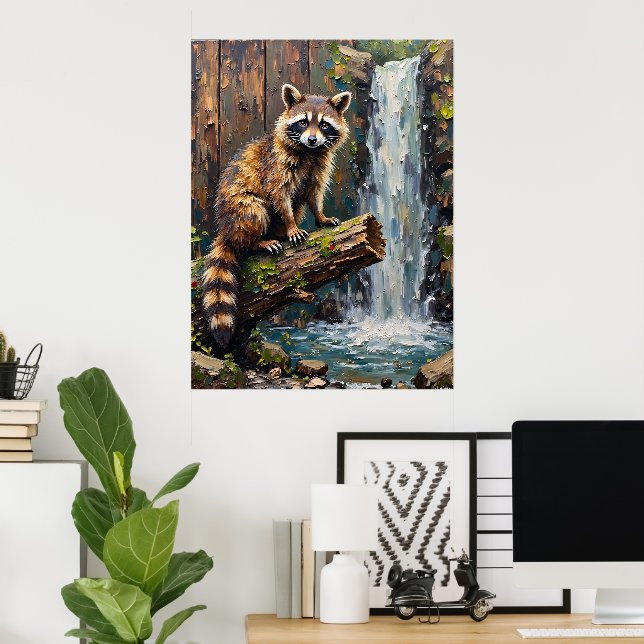 Poster Le bord de la cascade : la position d'un raton lav (Bureau à domicile)
