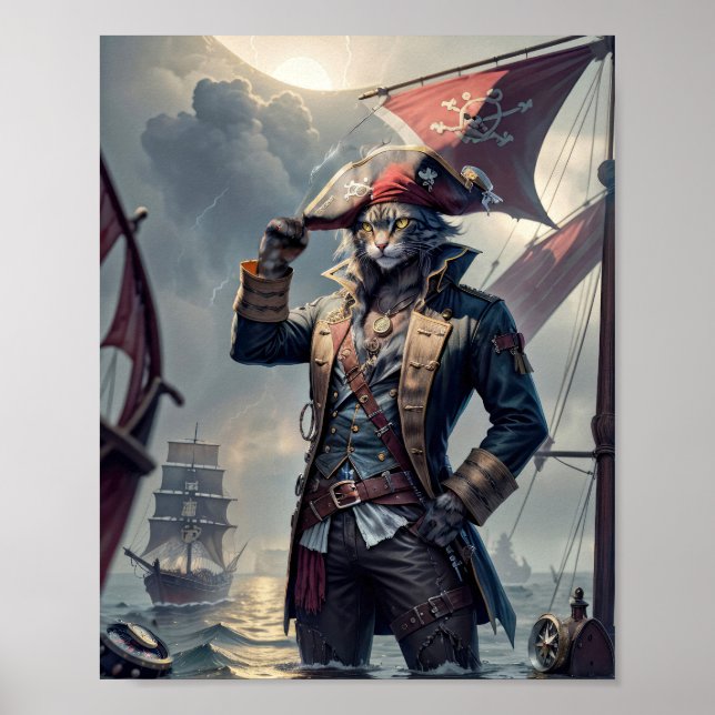 Poster Le capitaine Pirate chat sur un galion qui coule.. (Devant)
