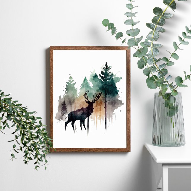 Poster Le cerf d'aquarelle dans les arbres forestiers Nat (Créateur téléchargé)