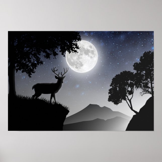 Poster Le cerf sous la lune noir et blanc (Devant)