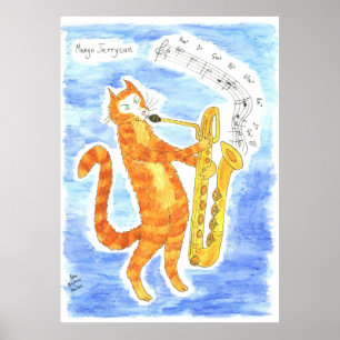 Poster Le chat joue le saxophone "pas de géant" de