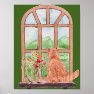 Poster Le chat Tabby à la fenêtre Fleurs Serenies Pittore