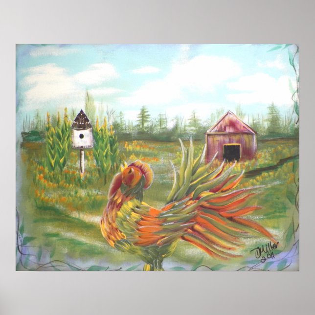 Poster Le coq de campagne sur la peinture agricole (Devant)