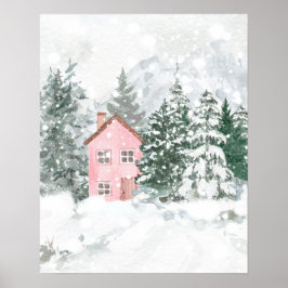 Poster Le cottage rose dans la forêt de neige