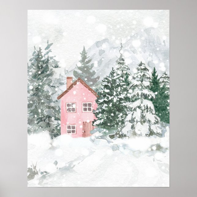 Poster Le cottage rose dans la forêt de neige (Devant)