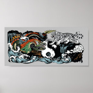 Poster Le dragon vert chinois contre le tigre blanc