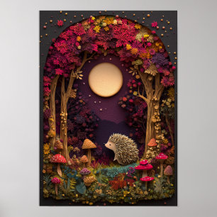 Poster Le hérisson   Art Découpe de la forêt nocturne d'a