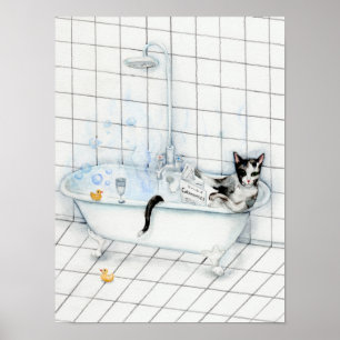 Poster Le journal de lecture de chat dans la baignoire