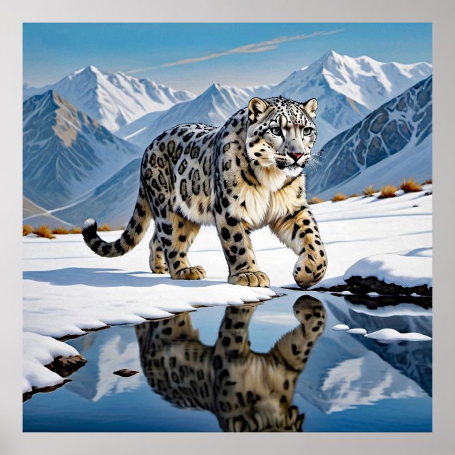 Poster Le léopard des neiges dans le paysage hivernal mon (Devant)