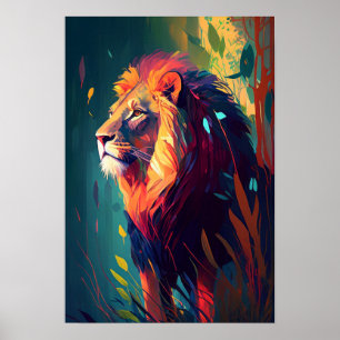 Poster Le Lion Animal Portrait Peinture Faune En Plein Ai