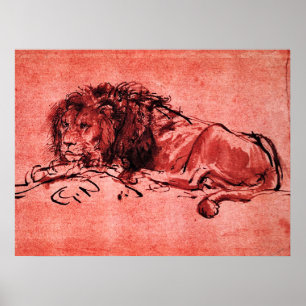Poster LE LION DU CAP ALLONGÉ, par Rembrandt Red Black