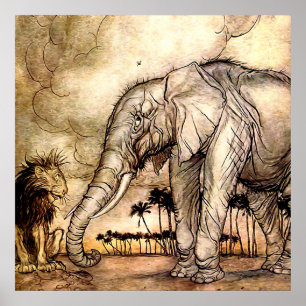 Poster « Le Lion et l'Éléphant » par Arthur Rackham