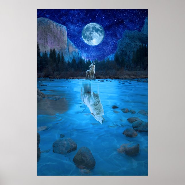 Poster Le loup de lune hurle au loup de nuit de la lune (Devant)
