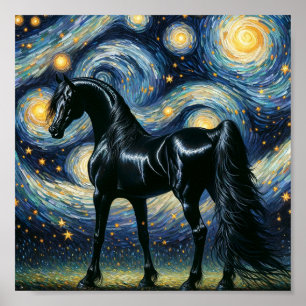 Poster Le magnifique étalon noir dans la nuit étoilée