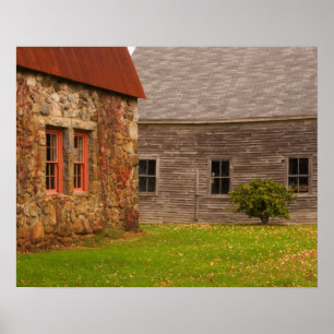 Poster Le Maine, vieux bâtiment en pierre et grange en