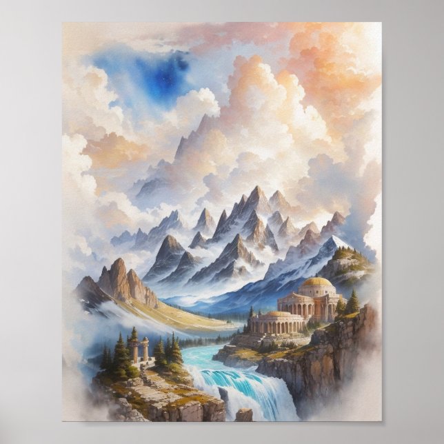 Poster Le mont Olympus dans une peinture d'aquarelle maje (Devant)