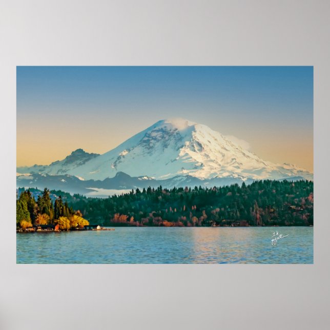Poster Le Mont Rainier surplombe le lac Washington Sunset (Devant)