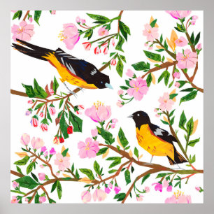 Poster Le motif est avec des oiseaux et des fleurs. C'est