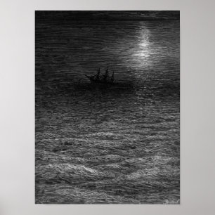 Poster Le navire en marée dans une mer lune