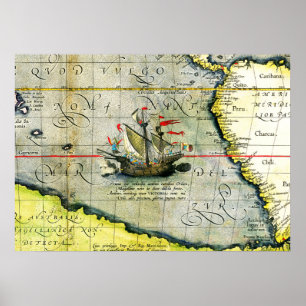 Poster Le navire Victoria de Magellan, carte antique de l