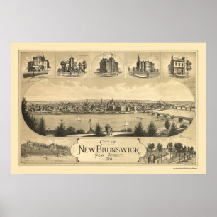 Poster Le Nouveau Brunswick, carte panoramique de NJ -