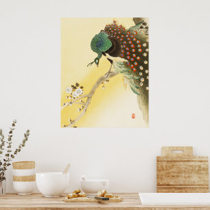 Poster Le paon sur l'arbre à fleurs de cerisiers