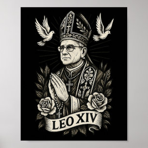 Poster Le Pape Leo Xiv - Style Tatouage Catholique Christ