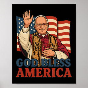 Poster Le pape Léon Xiv Dieu bénisse l'Amérique Drapeau a