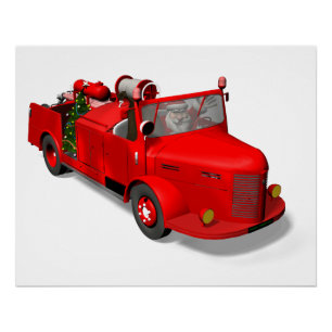 Poster Le père noël conduisant un camion de pompiers