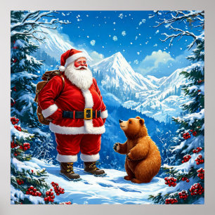 Poster Le Père Noël rencontre un ours amical dans la mont