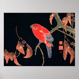 Poster Le perroquet rouge sur la branche de l'arbre par I