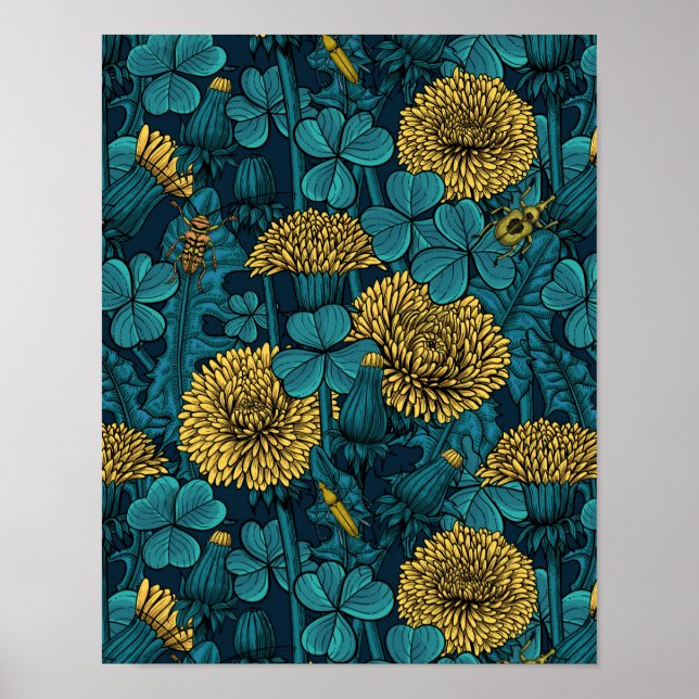 Poster Le pré en jaune et bleu (Devant)