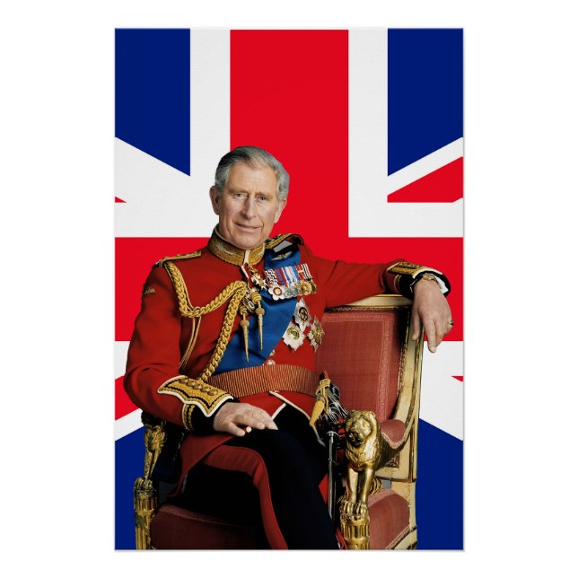 Poster Le roi Charles III avec drapeau britannique (Devant)