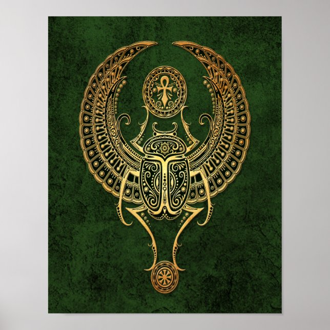 Poster Le scarabée égyptien ailé avec Ankh sur vert (Devant)