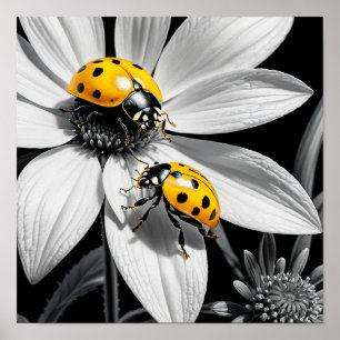 Poster Le scarabée jaune sur la fleur blanche noire