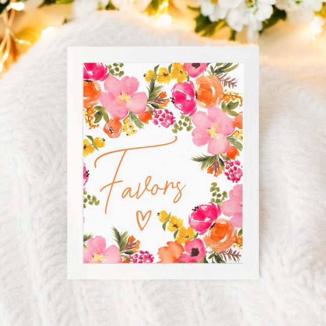 Poster Le script de fleurs orange gras favorise la douche (Bold Orange flowers script favors bridal shower Poster)