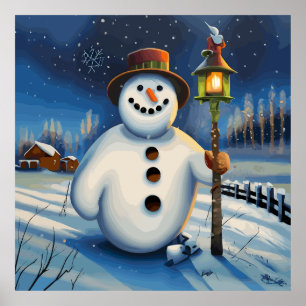 Poster Le Snowman porte la lampe et se promène la nuit